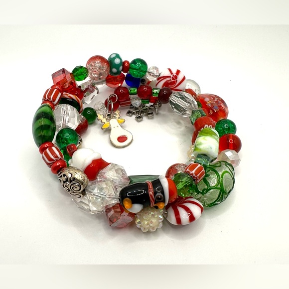 Christmas Beaded Bracelet Wrap Coil Memory Wire Lamp Work Glass Beads Handmade - Picture 8 of 11